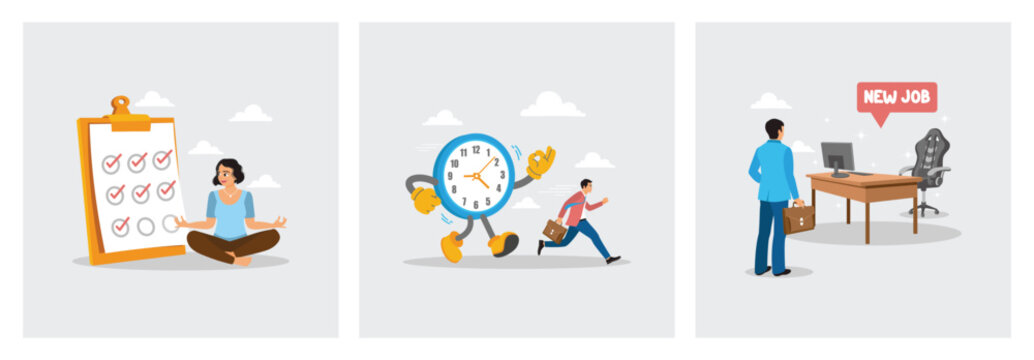 Meditating Woman Beside Checklist Clipboard. Clock Chasing Businessman. New Job Opportunity.
