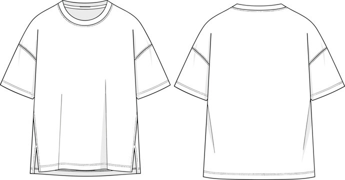 Women relaxed fit t-shirt technical flat sketch front and back view side slit hem casual apparel fashion design template