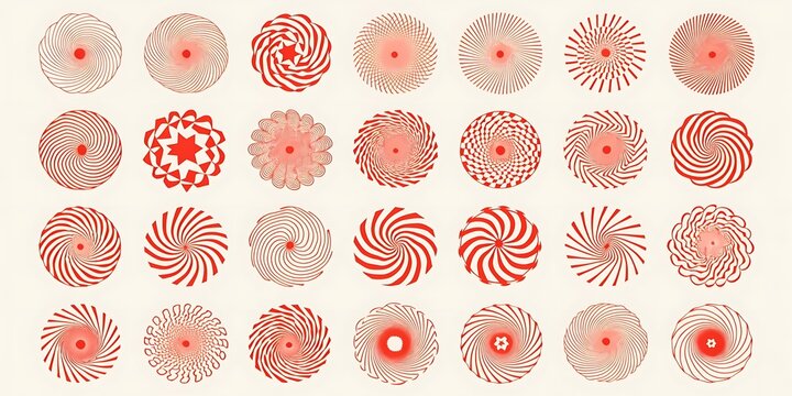 Array of swirling red floral patterns on white background with abstract decoration background geometric illustration template creative ornament stylized repeated isolated backdrop