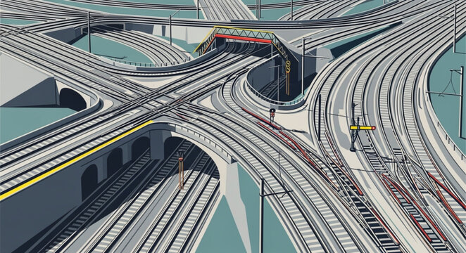 Complex railway junction with multiple tracks and bridges.