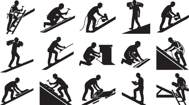 Set of roofer worker silhouettes, construction roofing icons, professional contractors installing shingles and waterproof membrane on roof.