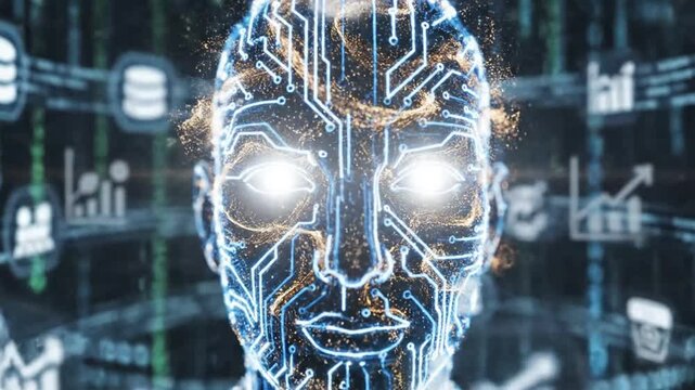 Glowing artificial intelligence digital face with circuit board patterns and binary code background