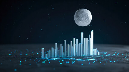 Fototapeta premium Urban Silhouette Under Celestial Glow: A stylized city skyline, crafted in minimalist architectural forms, stands illuminated against a backdrop of the moon and stars, creating a tranquil nightscape.