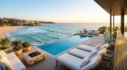 Fototapeta premium Luxury terrace with infinity pool overlooking bondi beach