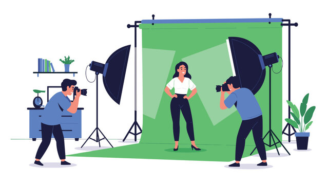 Two professional photographers taking photos of a female model standing in front of a green screen in a well-equipped studio.