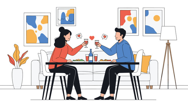 Romantic young couple enjoying a candlelight dinner and toasting with wine glasses in a cozy, stylish modern apartment.