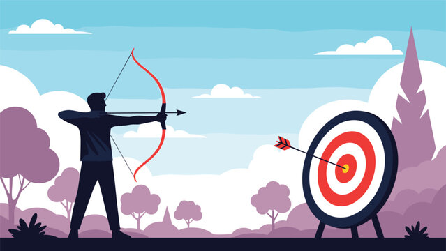 Focused silhouette of an archer shooting an arrow at a target in a scenic forest landscape during a golden sunset.
