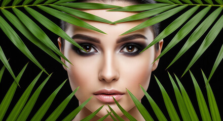 Fototapeta premium Stunning woman looking through tropical leaves perfectly for illustrating pure natural beauty routines and organic wellness cosmetics