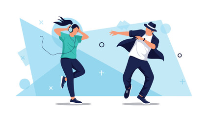 Fototapeta premium Young energetic couple enjoying music and dancing together with wireless headphones against a modern geometric blue background.