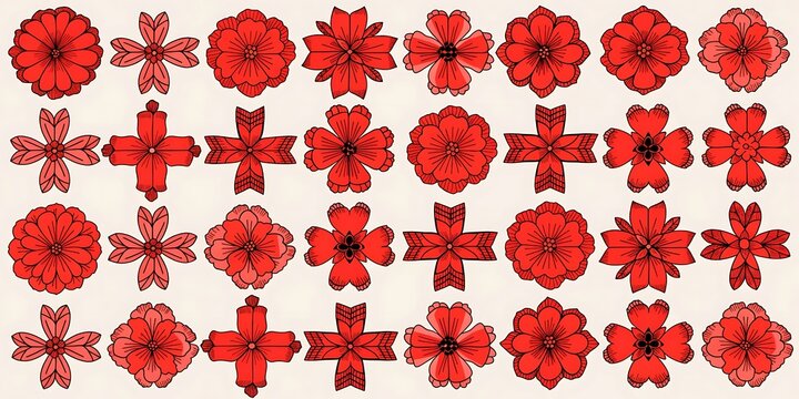 Set of red floral and cross-shaped decorative patterns with cross shape stylized flower geometric shape decoration background illustration template creative ornament stylized