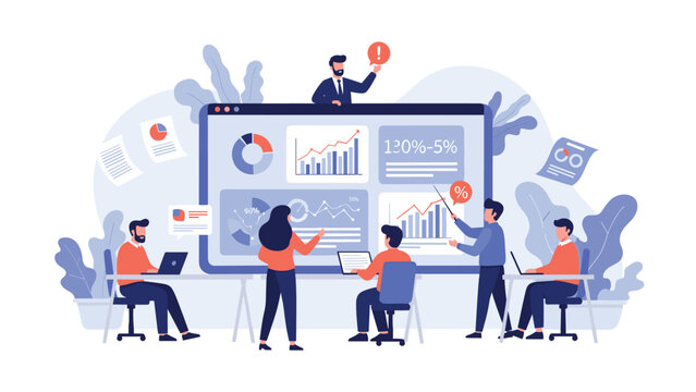 Dedicated team of data analysts and professionals collaborating on a large interactive business dashboard.