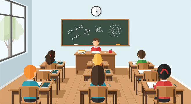 A classroom scene with a teacher and six students