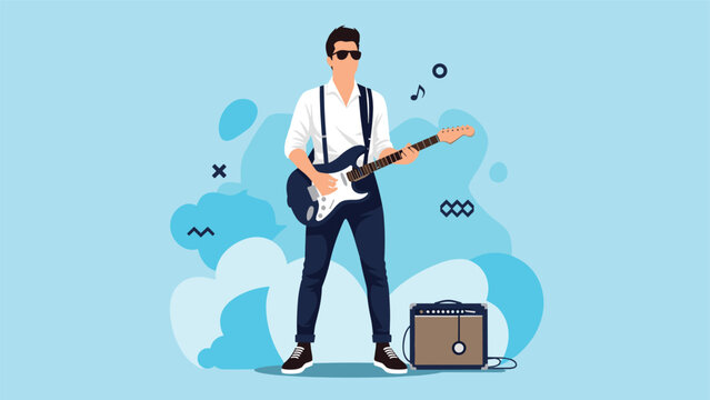 Talented male musician wearing sunglasses and suspenders performing with an electric guitar next to an amplifier on a blue background.