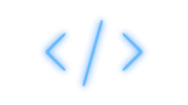 Blue glowing neon code symbol icon isolated on transparent background. Programming language. Software development. Web coding. Digital interface. Tech concept.