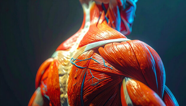 Close up view of human shoulder and neck musculature with visible vessels and connective tissues in red and blue hues