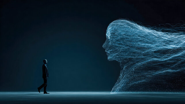 Contemplation in the digital realm: A solitary figure confronts a luminous ethereal form, embodying the intersection of self-awareness and technology's influence.