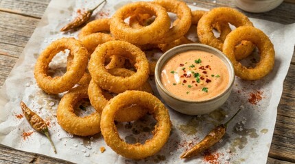 Naklejka premium Deep fried onion rings with spicy mayo dipping sauce