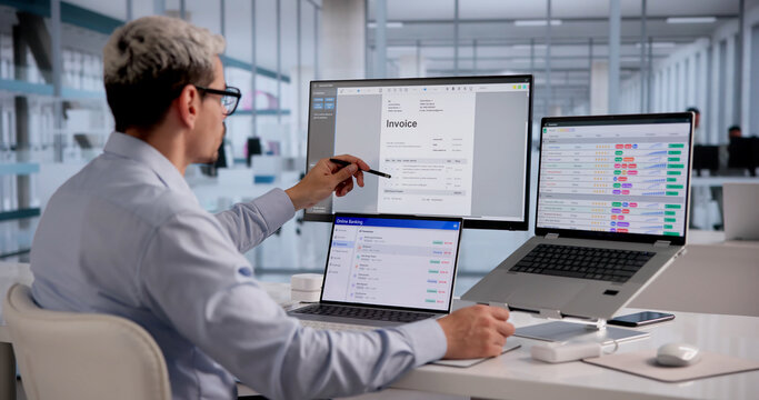 Hispanic Accountant Analyzes Digital Bill On Laptop Screen