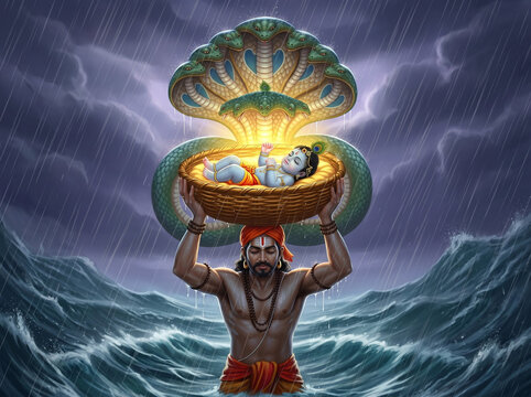 vasudev carrying baby krishna in basket crossing flooded river under sheshnag during storm in traditional indian mythological scene