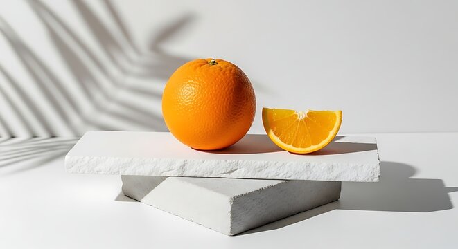 Buah jeruk utuh dan irisannya bersandar diam pada balok batu putih melambangkan kesegaran alami yang minimalis elegan