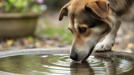 Obraz premium A dog drinking water from a stone birdbath in a garden