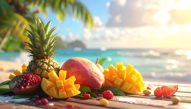 Tropical fruits on a sunlit beach table, with vibrant sea and palm trees in the background