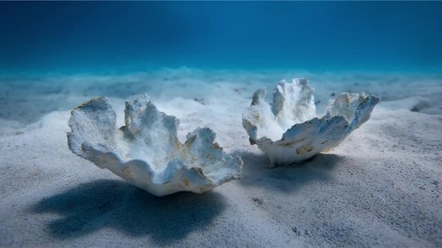 Underwater Elegance: Majestic clam shells rest gracefully on the sandy seabed, immersed in the tranquil blue expanse of the ocean.