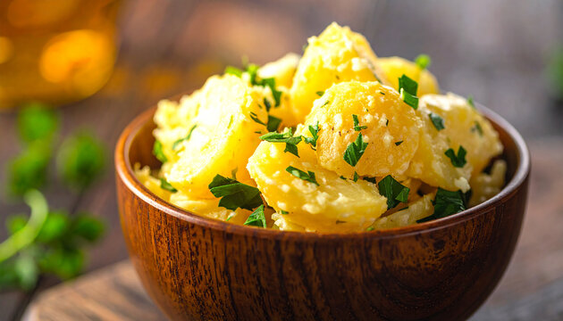 Hearty potato salad served in a textured wooden bowl, adorned with chopped parsley and a hint of garlic seasoning