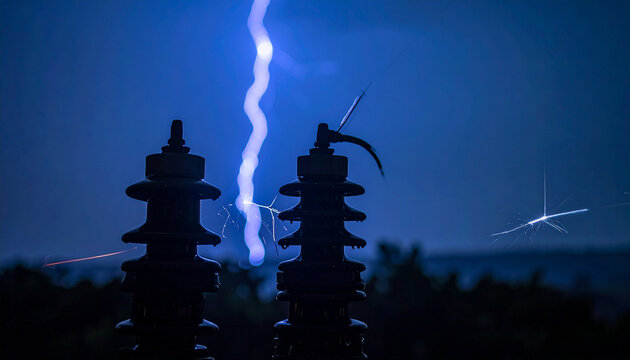 Lightning strikes a dark blue sky behind silhouetted electrical insulators with sparks flying outwards in the