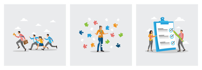 Fototapeta premium Business Team Running Forward. Man Stands Among Puzzle Pieces. Checklist Procedure Step.