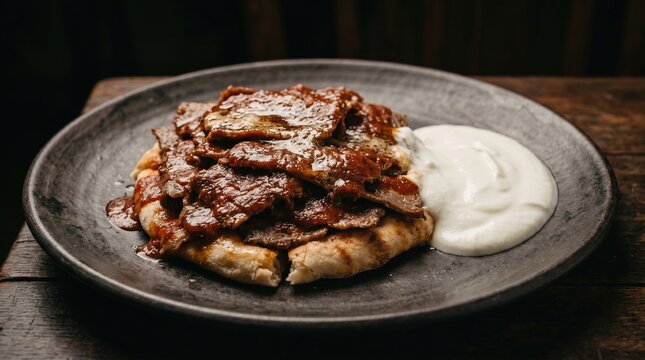 Iskender Kebab with Yoghurt and Tomato Sauce on Dark Ceramic