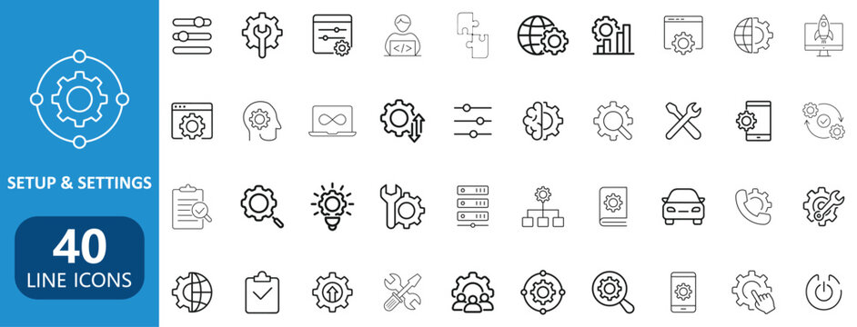 Modern setup and settings line icon collection with gear system configuration symbols	
