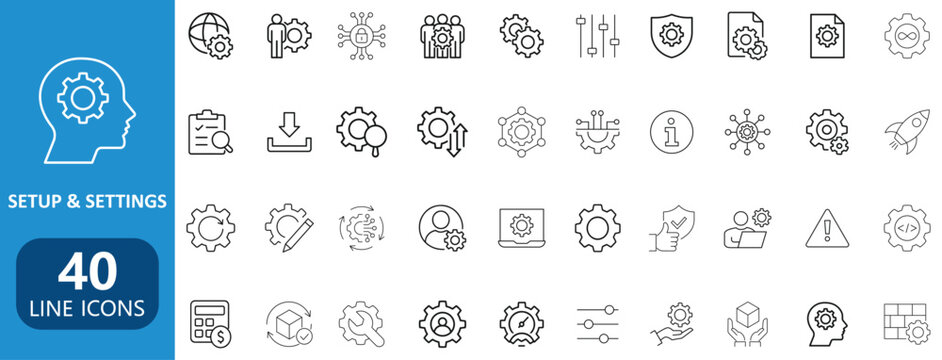 Modern setup and settings line icon collection with gear system configuration symbols	

