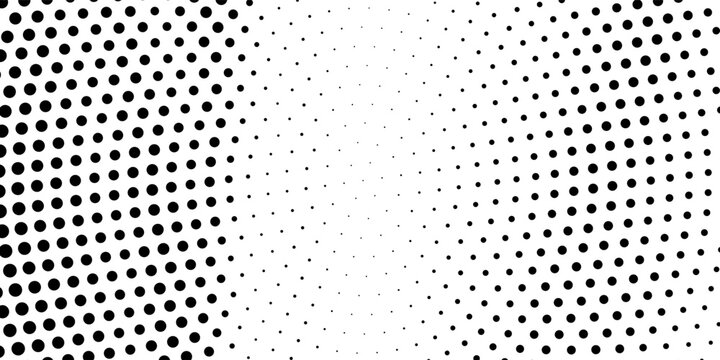 Radial halftone gradient background. Dotted concentric texture with fading effect. Black and white circle comic wallpaper. Monochrome grunge vector backdrop