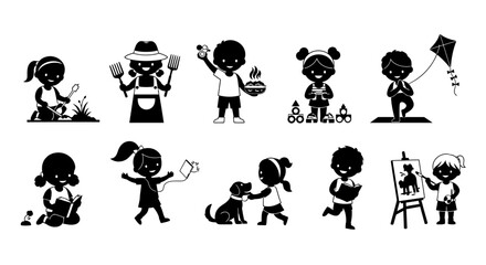 Naklejka premium Set of Children Activities Silhouettes Icons