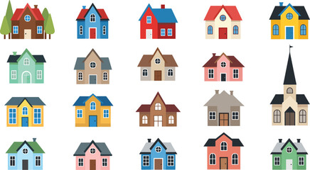 Obraz premium PrintColorful House and Building Flat Vector Illustration Set with Different Architectural Styles Home Church and Residential Property Collection