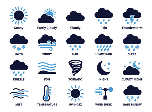 Weather forecast vector icons for meteorological conditions and climate.