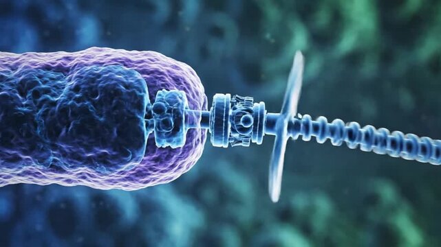 Bacterial Movement Depiction. Animation Of Bacterial Flagellum Rotation. Visualization Of Microscopic Bacterial Motor Motion. Illustration Showcasing Bacterial Filament And Motor Dynamics In Fluid