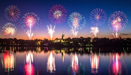 Fototapeta premium A serene lake reflects vibrant fireworks on a clear evening