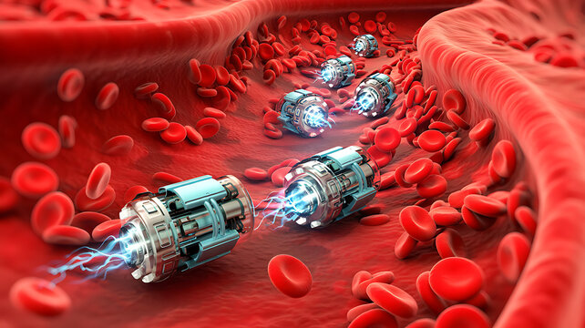 Nanobots circulating in human blood stream delivering medical treatment to individual body cells using advanced nanotechnology for innovative healing procedures and microscopic therapy.