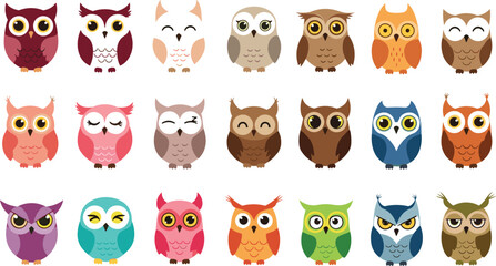 Fototapeta premium Cute Colorful Owl Bird Cartoon Vector Illustration Set with Different Expressions and Colors Funny Adorable Wildlife Animal Collection