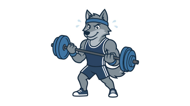 Strong Wolf Mascot Lifting Barbell in Gym Outfit Cartoon Vector Illust