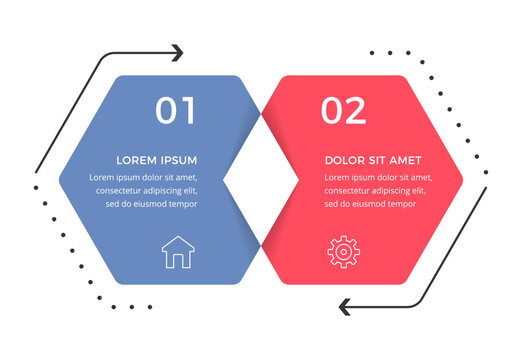 Infographic template with two overlapping hexagon shapes, venn diagram, designed to to visualize process flow, sequence, or comparison concept