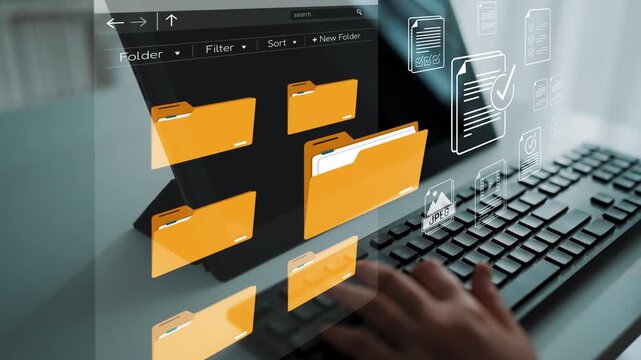 Conceptual representation of digital file organization with virtual folders and icons, emphasizing productivity, technology, and workspace efficiency in a modern setting Sigmoid