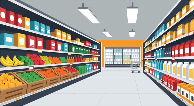 A well-lit supermarket aisle with shelves stocked with food products