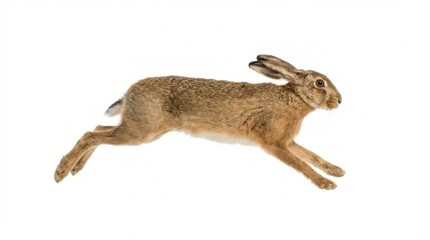 Fototapeta premium Agile European Hare (Lepus europaeus) captured in a dynamic leap, showcasing its speed and grace, isolated on a clean white background for versatility.