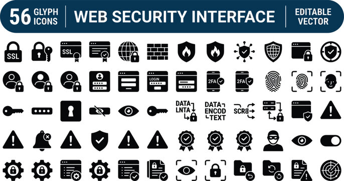 Web Security Interface Glyph Icon Set Featuring Authentication, Encryption, Firewall, Data Protection, Privacy Controls and Cybersecurity System Elements