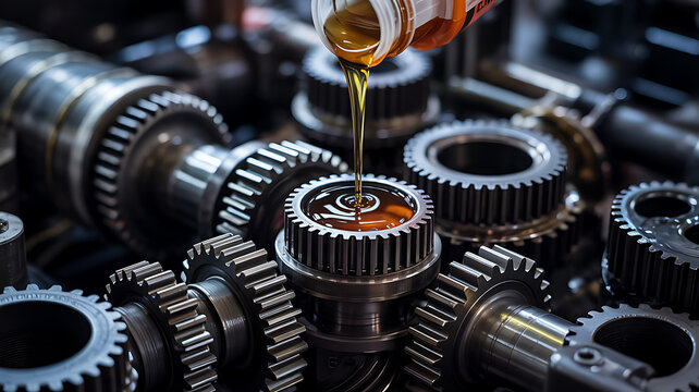 Golden lubricant oil pouring into metal gear assembly for industrial machine maintenance engineering hardware operation mechanical system performance technology assembly process.