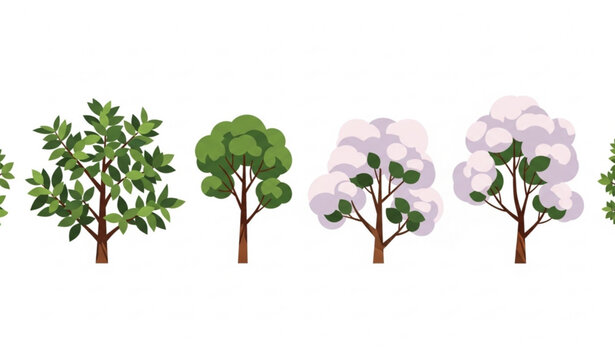 Deciduous garden trees vector lineup with Stewartia and smoke bush in modern flat landscape design