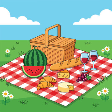 A picnic setup on a red and white checkered blanket